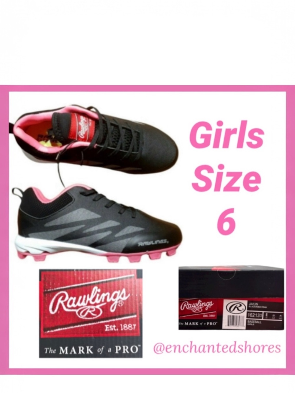 Rawlings Girls Softball Baseball Cleats Athletic Sports Javlin Black Pink Size 6